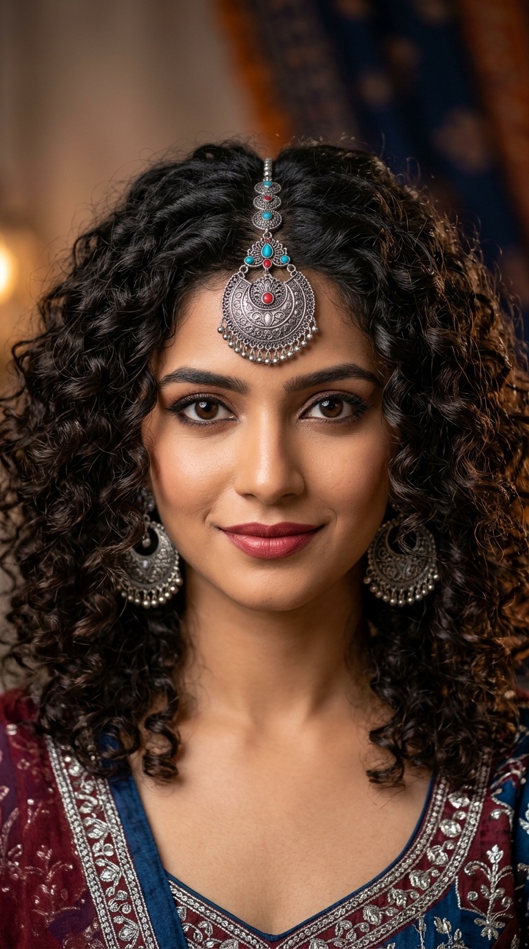 Voluminous Curls with Heavy Maang Tikka