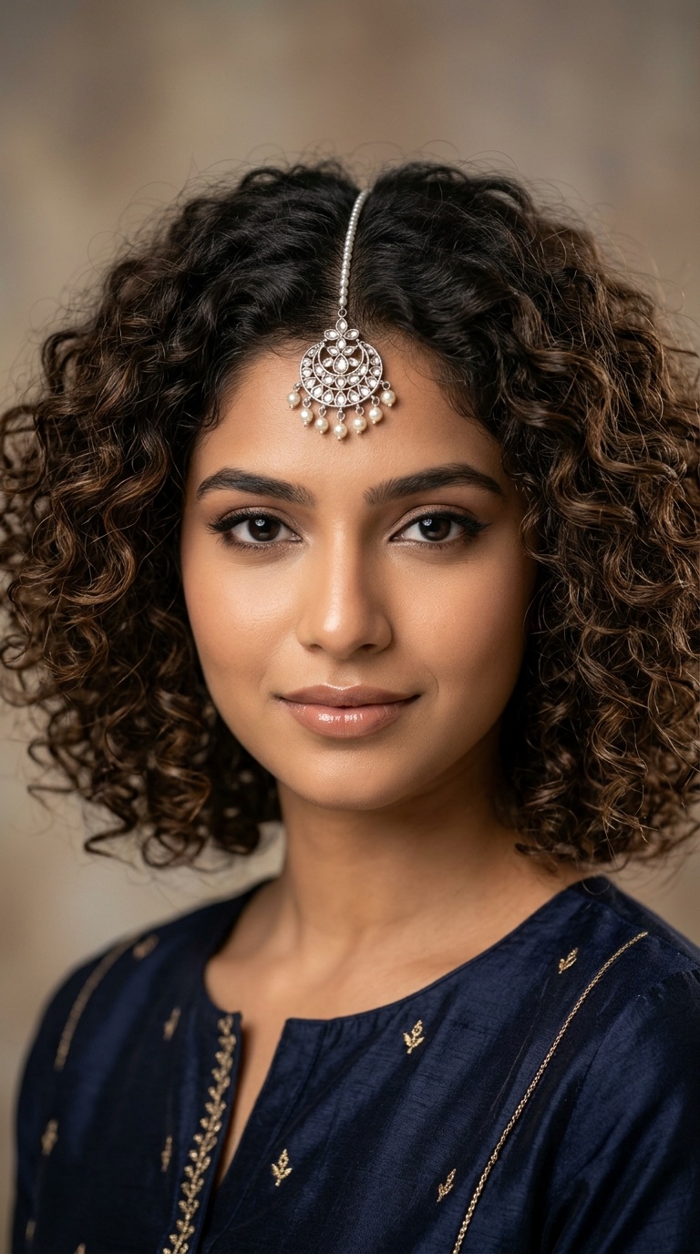 Voluminous Curls with Maang Tikka