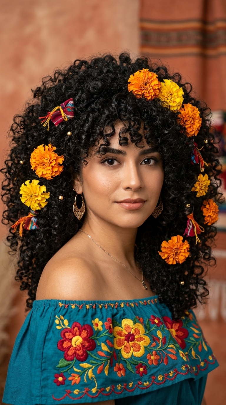 Voluminous Curls with Marigold Accents