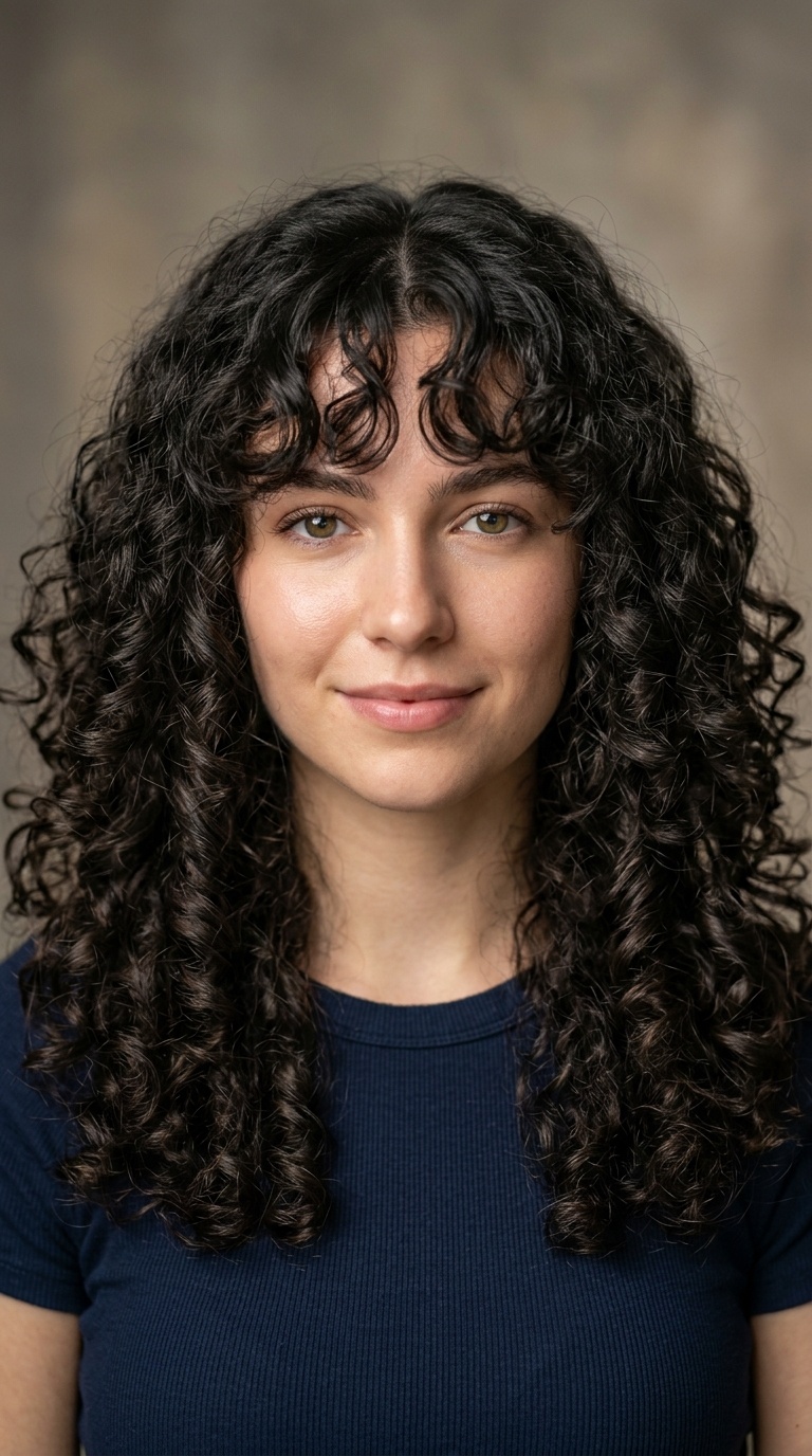 Voluminous Curls with Middle-Part Curtain Bangs