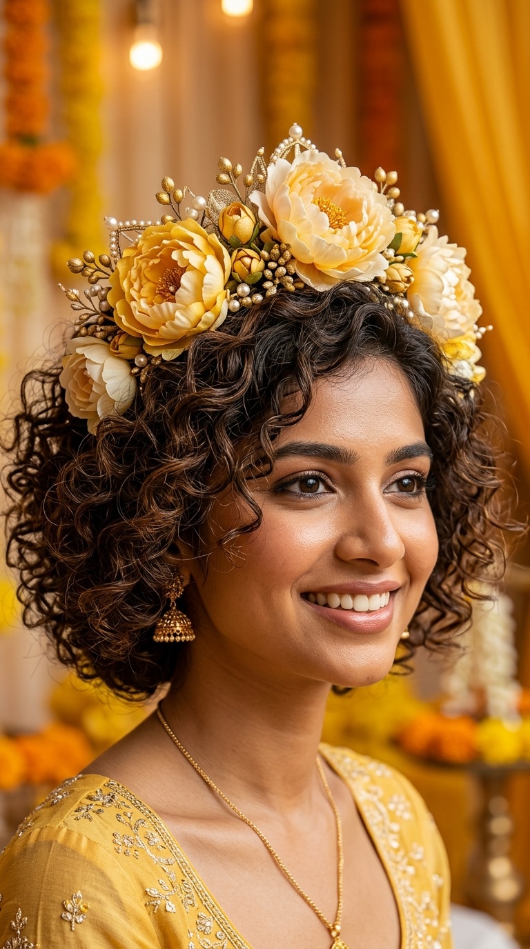 Voluminous Curls with Oversized Peony Tiara