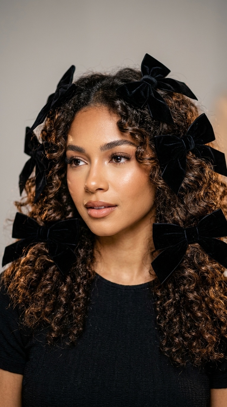 Voluminous Curls with Oversized Velvet Bows