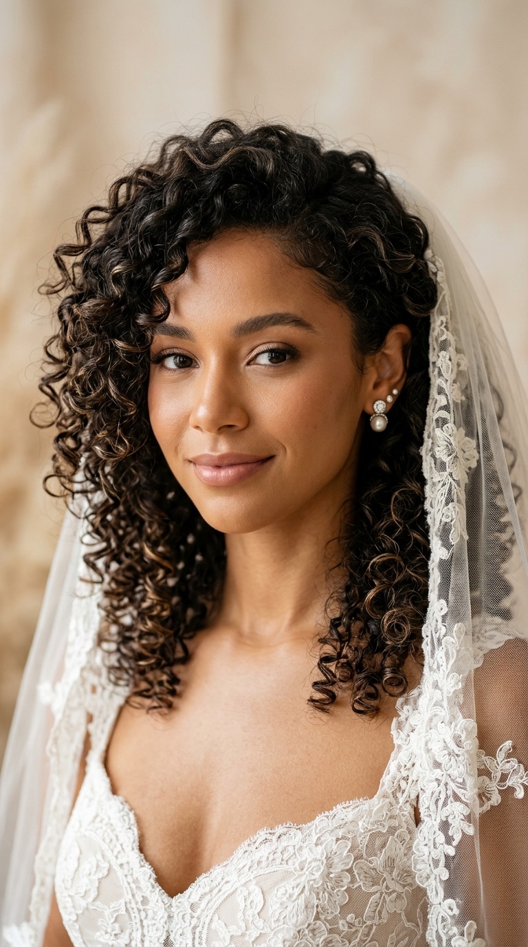 Voluminous Curls with Traditional Veil