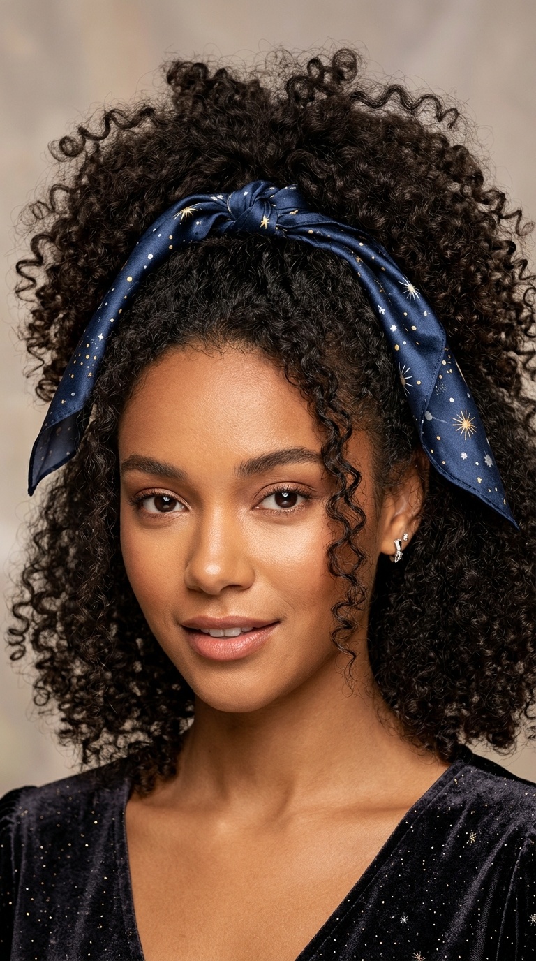 Voluminous Curly Ponytail with Scarf