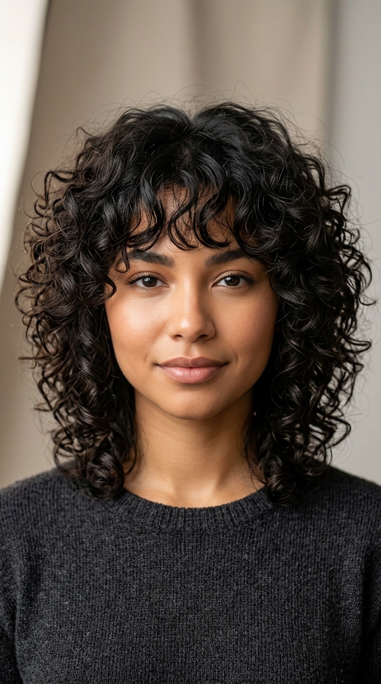 Voluminous Curly Shag with Bangs