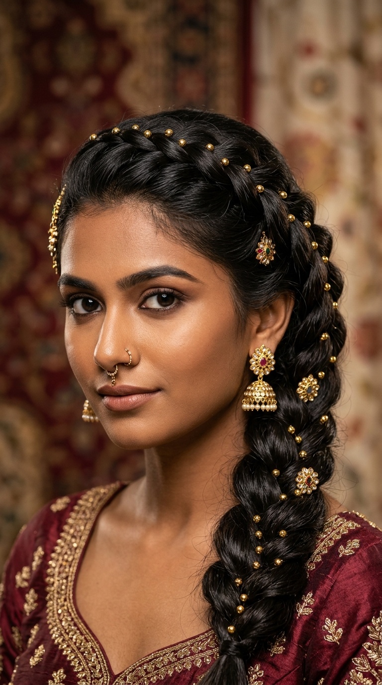 Voluminous Dutch Braid with Gold Beads