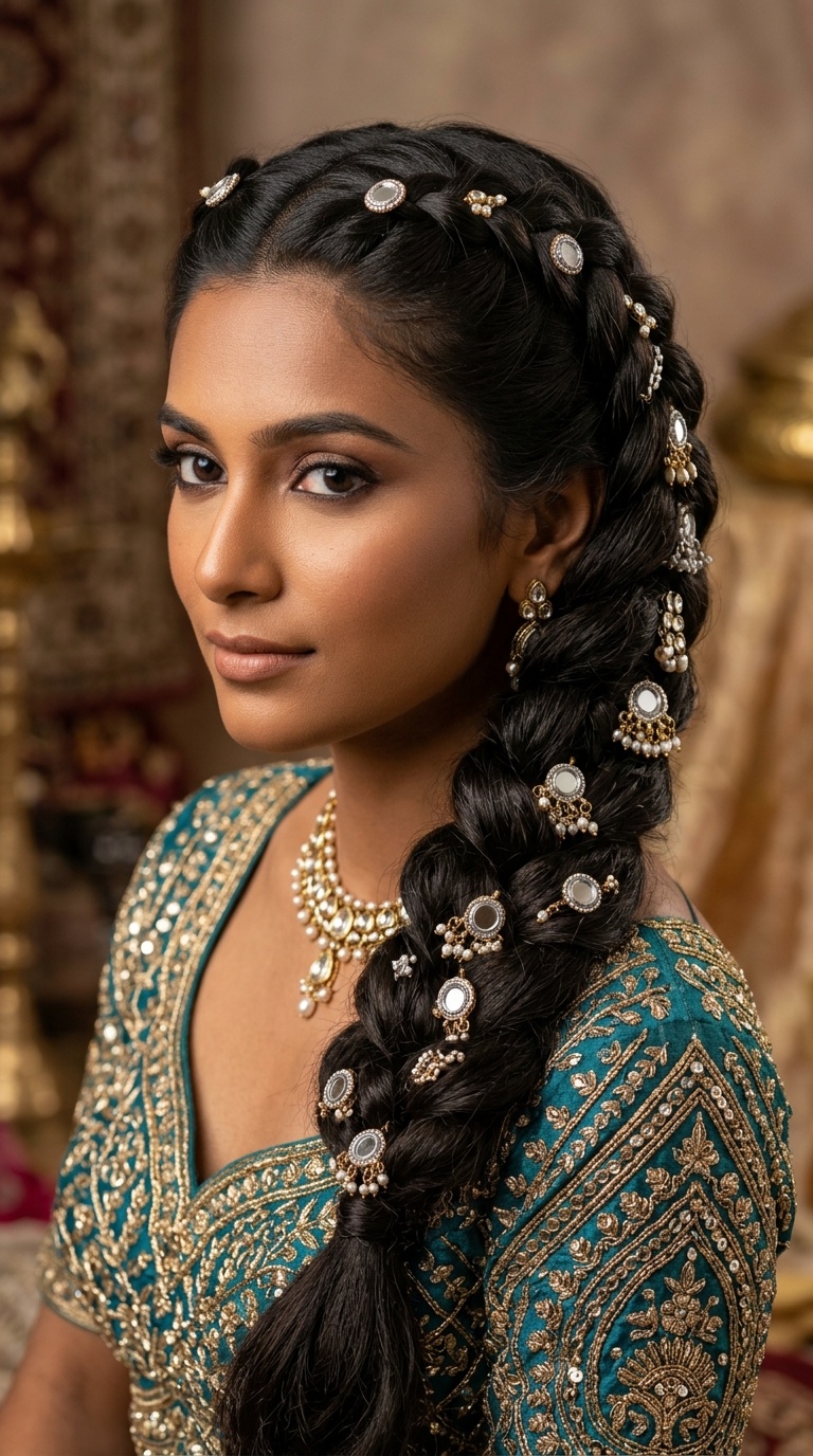 Voluminous Dutch Braid with Mirror Work Pins