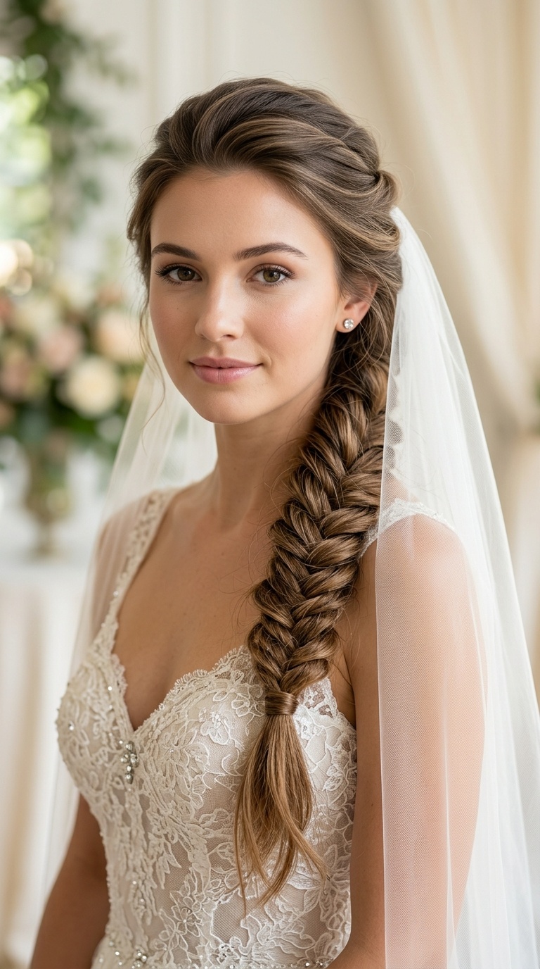 Voluminous Fishtail Braid with Tucked Veil