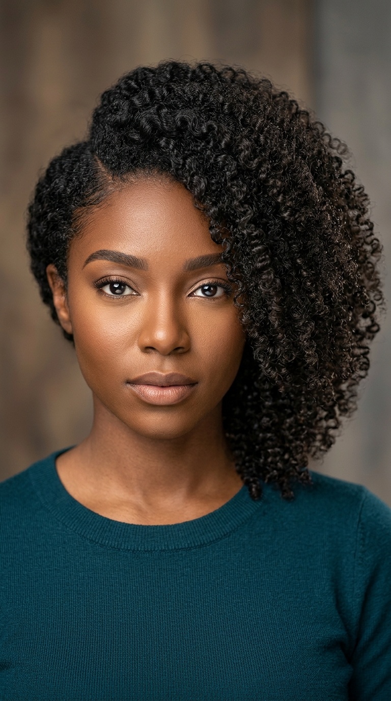 Voluminous Kinky Curly Side Part