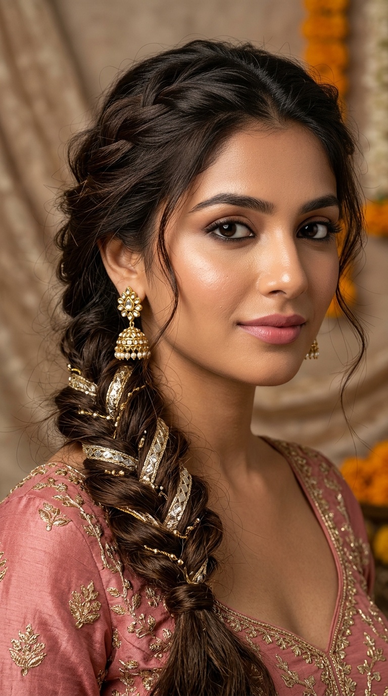 Voluminous Messy Braid with Gota Patti
