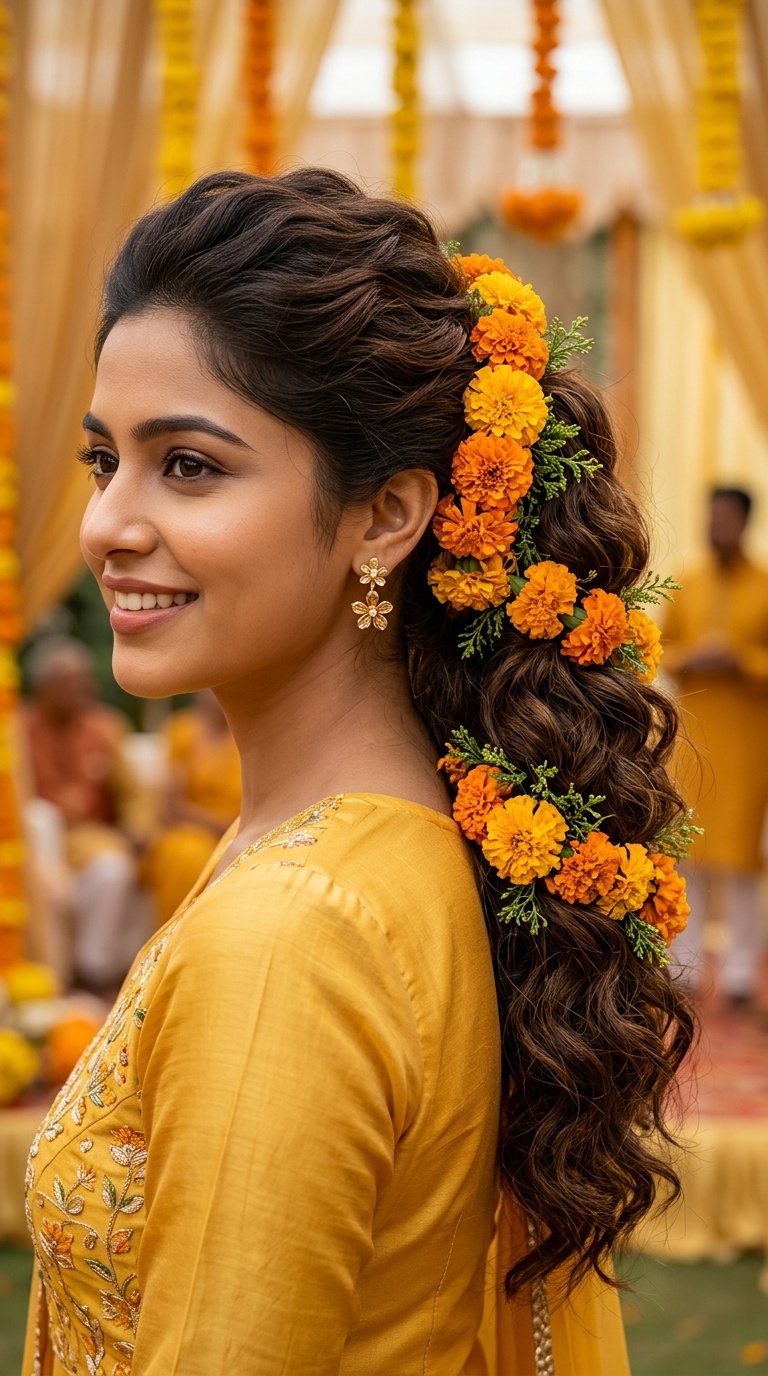 Voluminous Ponytail with Marigold Clusters