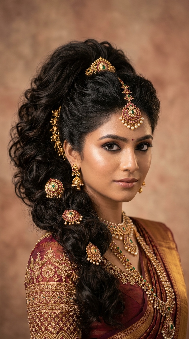 Voluminous Ponytail with South Indian Jewelry Accents