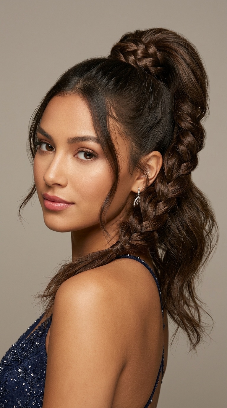 Voluminous Ponytail with Wrapped Braid