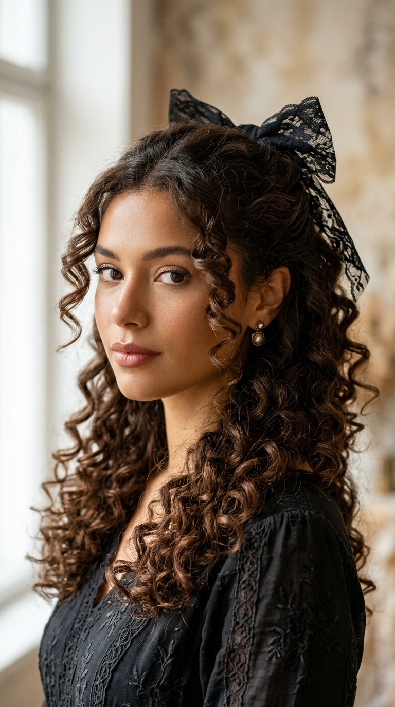 Voluminous Retro Curls with a Lace Bow