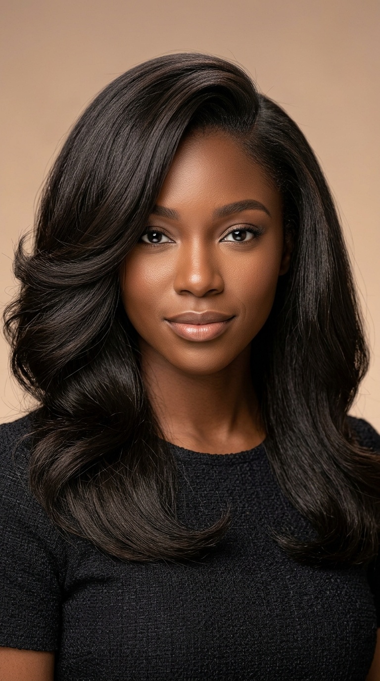 Voluminous Silk Press with a Deep Side Part