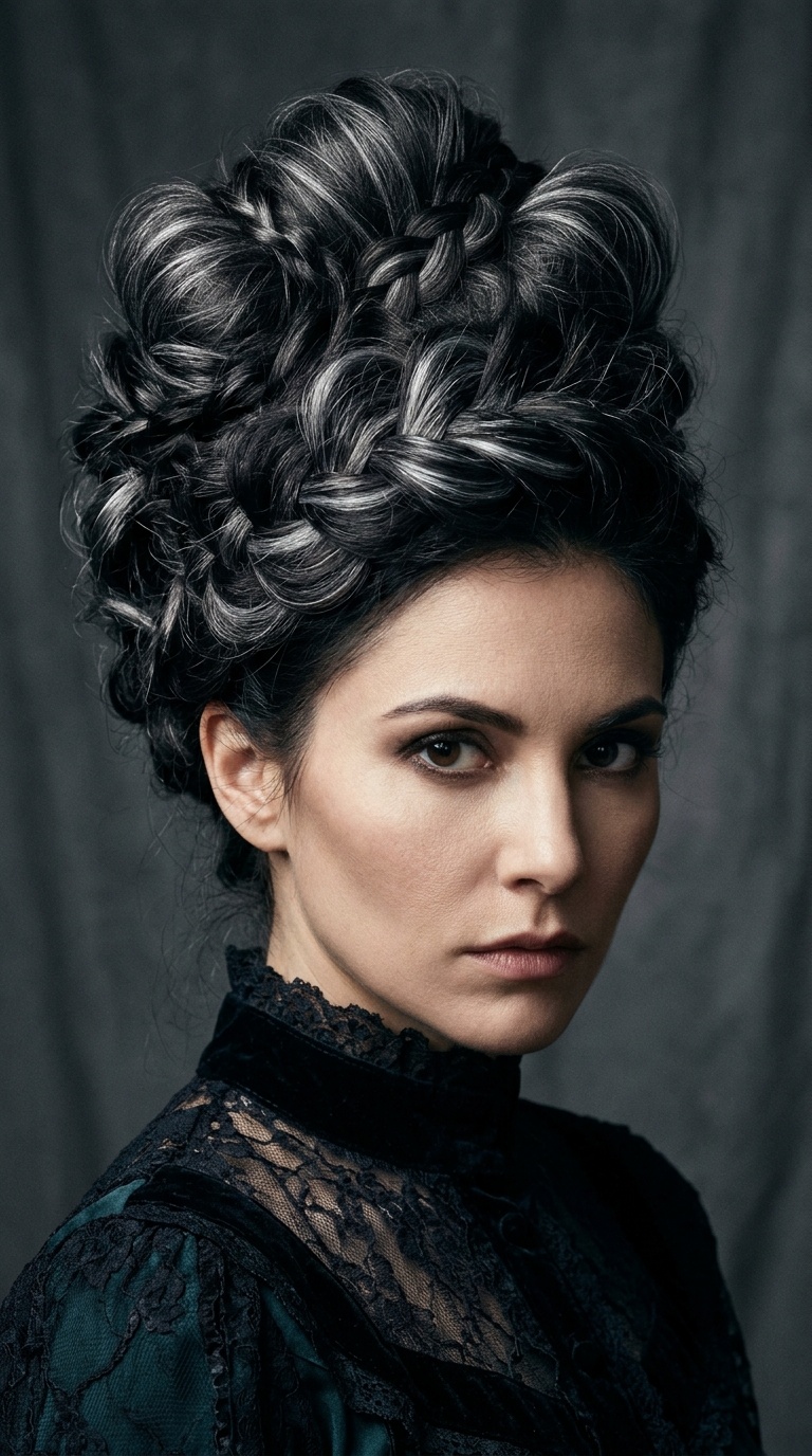 Voluminous Victorian Updo with Silver Highlights