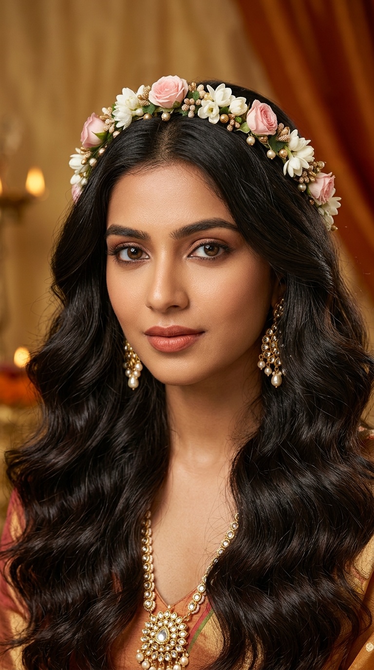 Voluminous Waves with Floral Tiara