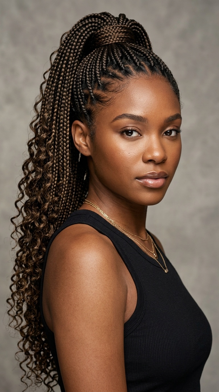 Waist-Length Braided High Ponytail with Curly Ends