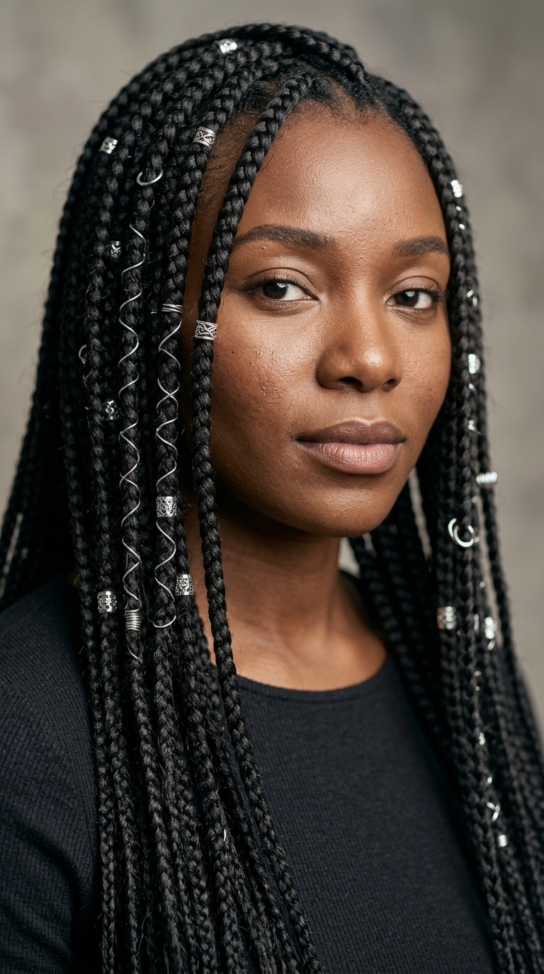 Waist-Length Braids with Silver Accents