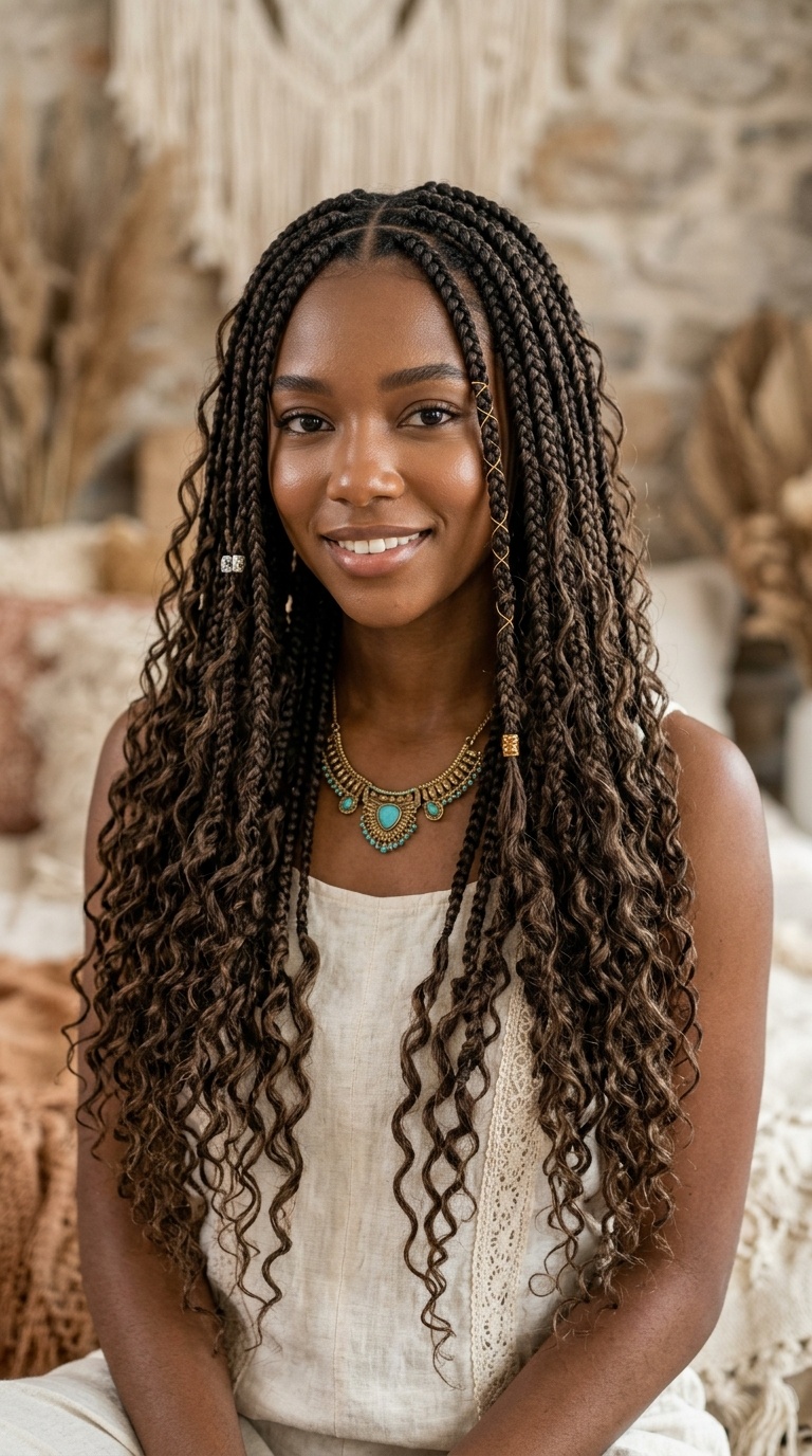 Waist-Length Braids with Water Wave Curls
