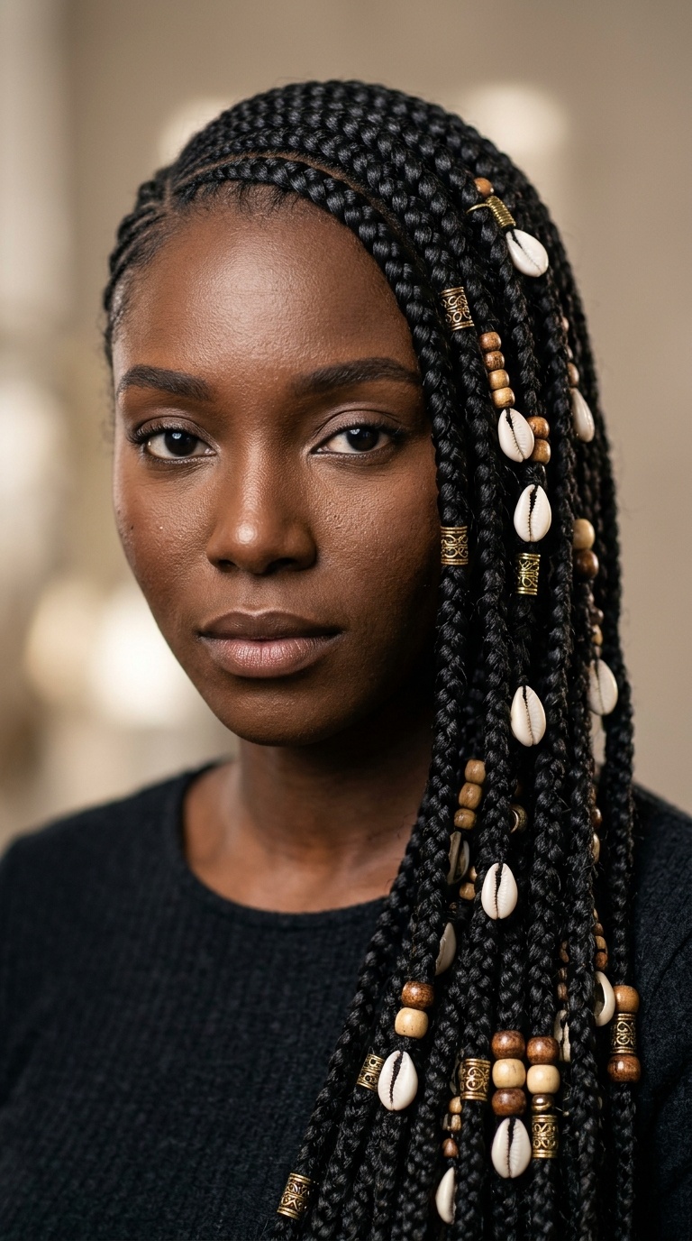 Waist-Length Side-Swept Cornrows with Shells