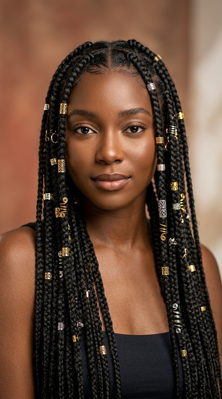 Waist-Length Tribal Braids with Metallic Accents