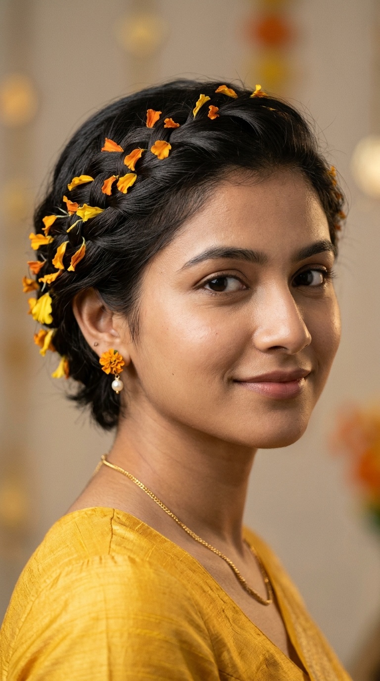 Waterfall Braid for Short Hair with Marigold Petals
