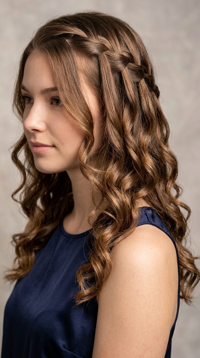 Waterfall Braid with Cascading Curls