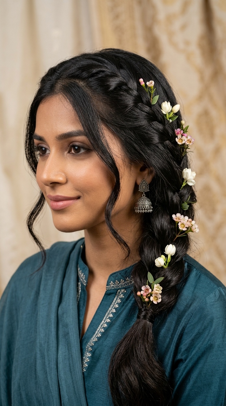 Waterfall Braid with Floral Accents
