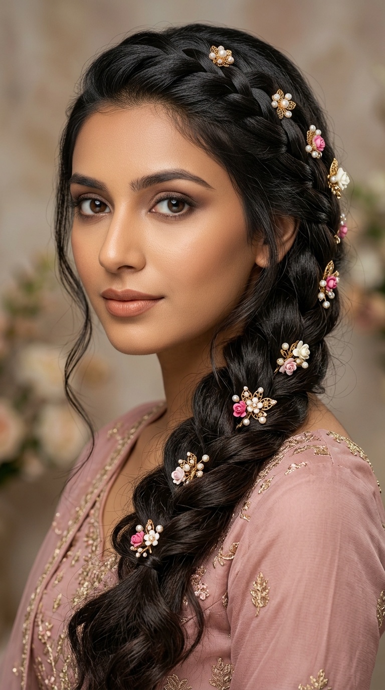 Waterfall Braid with Floral Pins