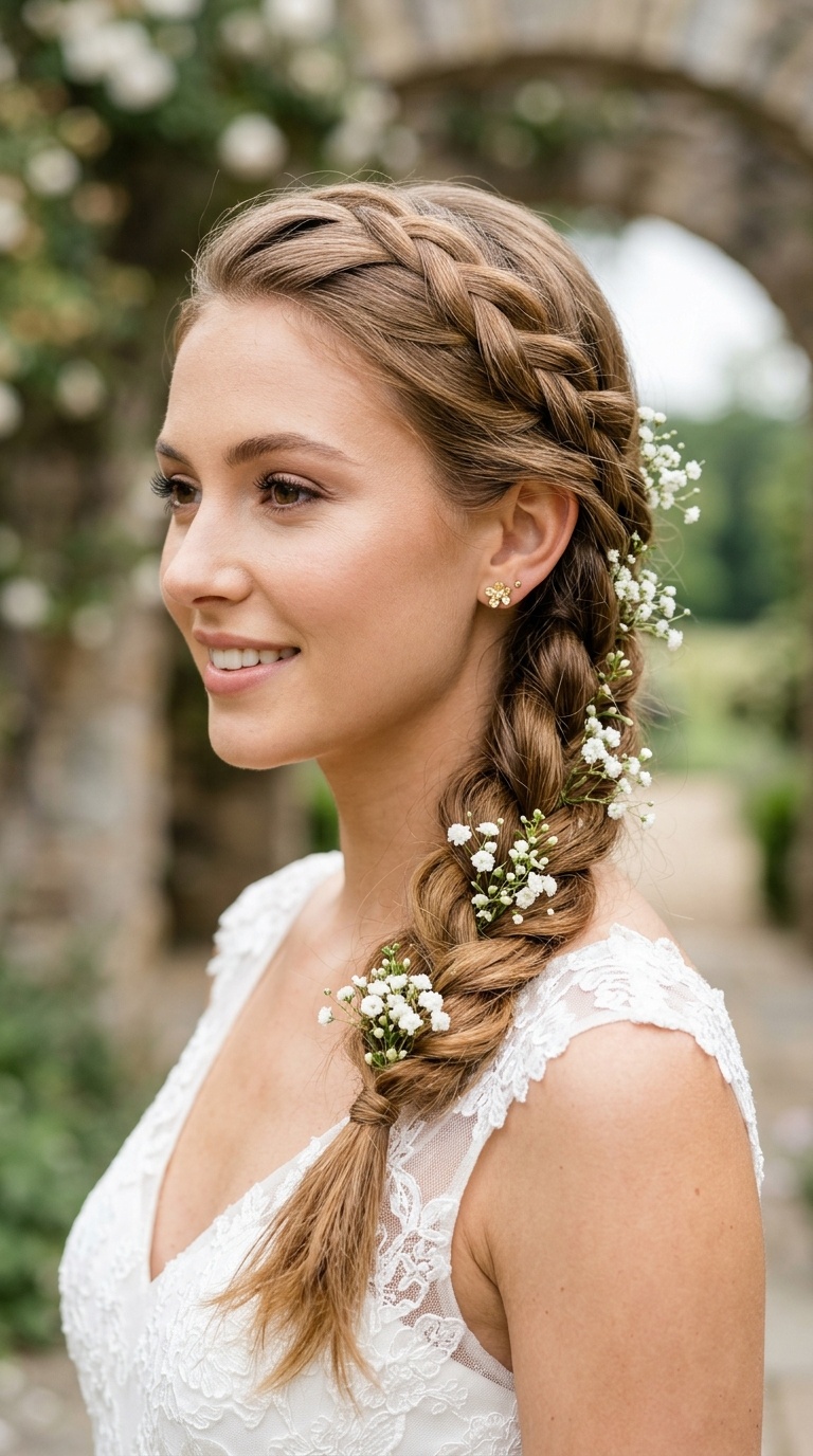 Waterfall Braid with Fresh Baby’s Breath