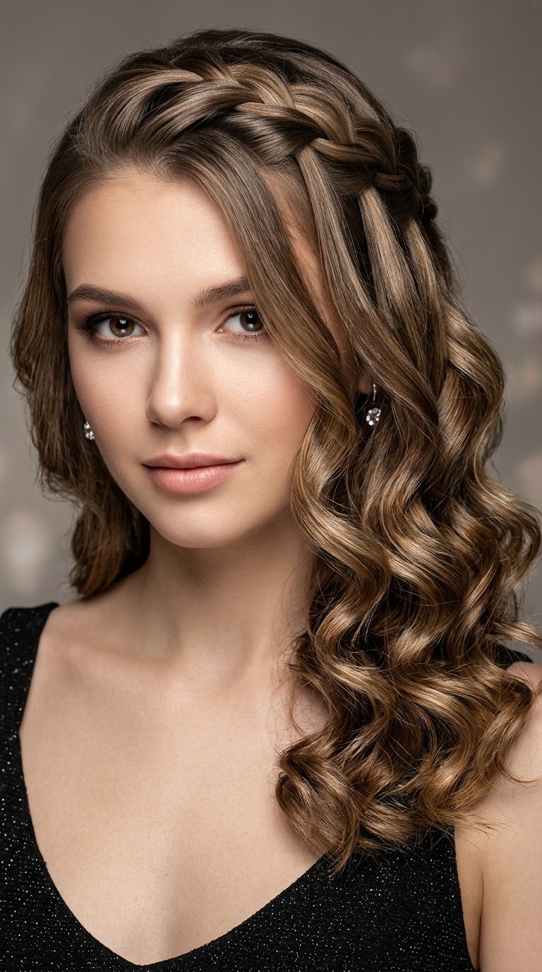 Waterfall Braid with Glossy Curls
