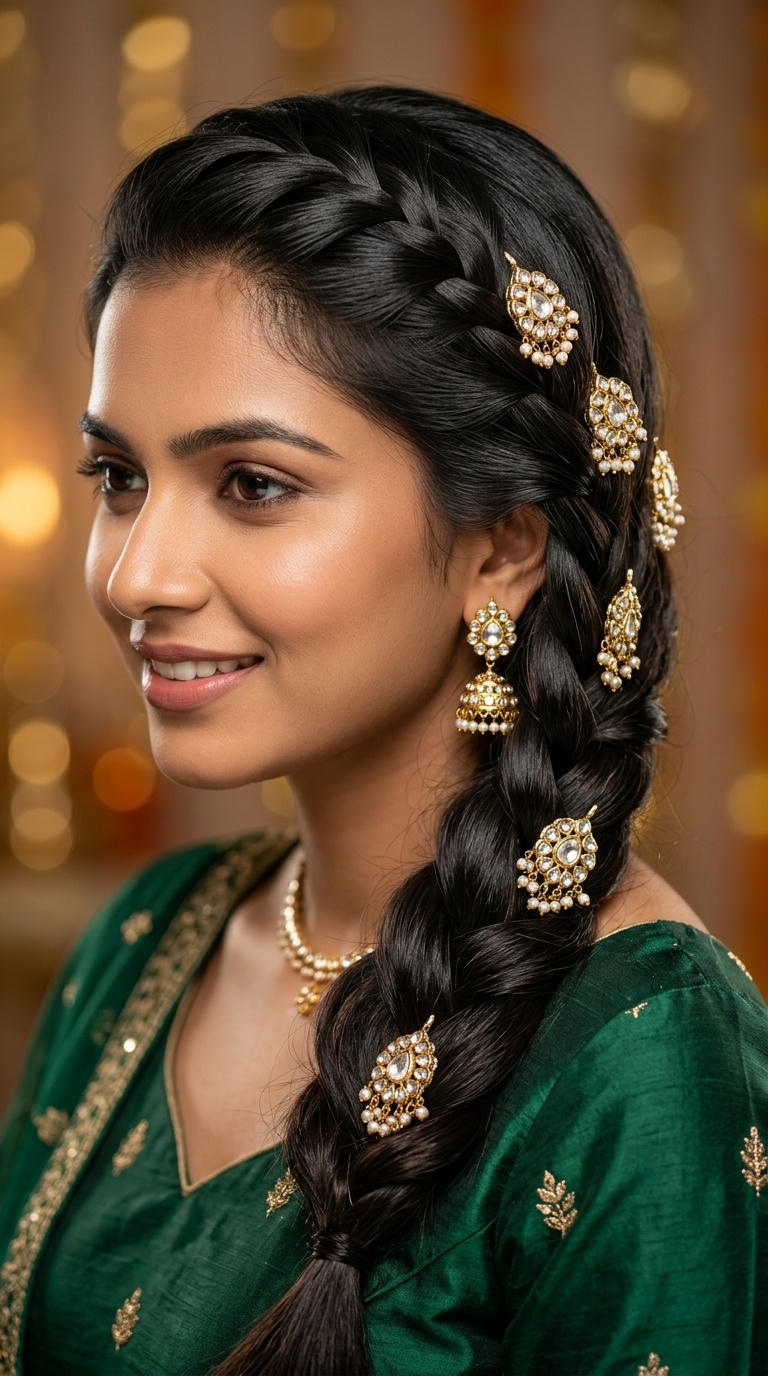 Waterfall Braid with Kundan Pins