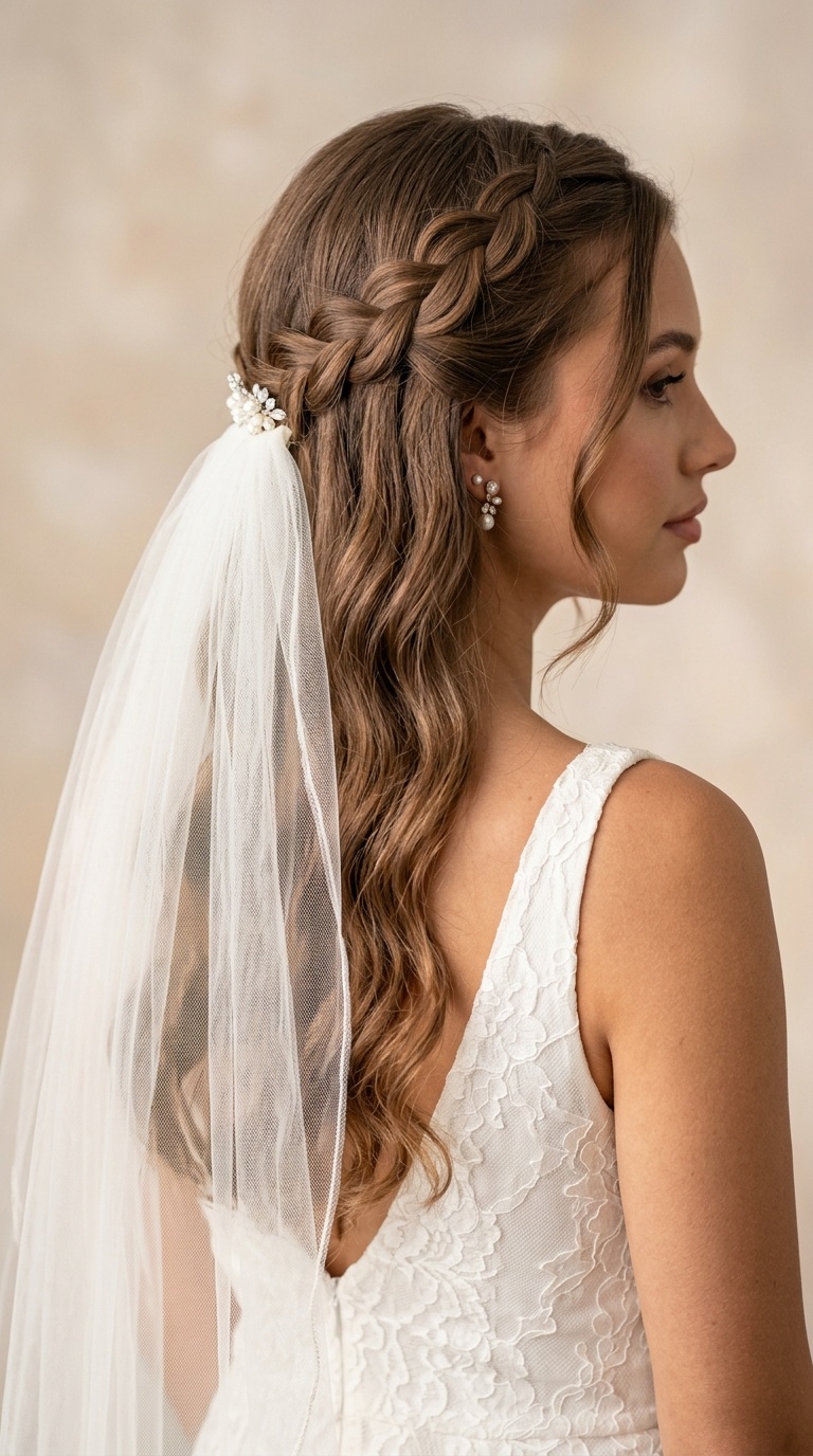 Waterfall Braid with Mid-Back Veil Placement