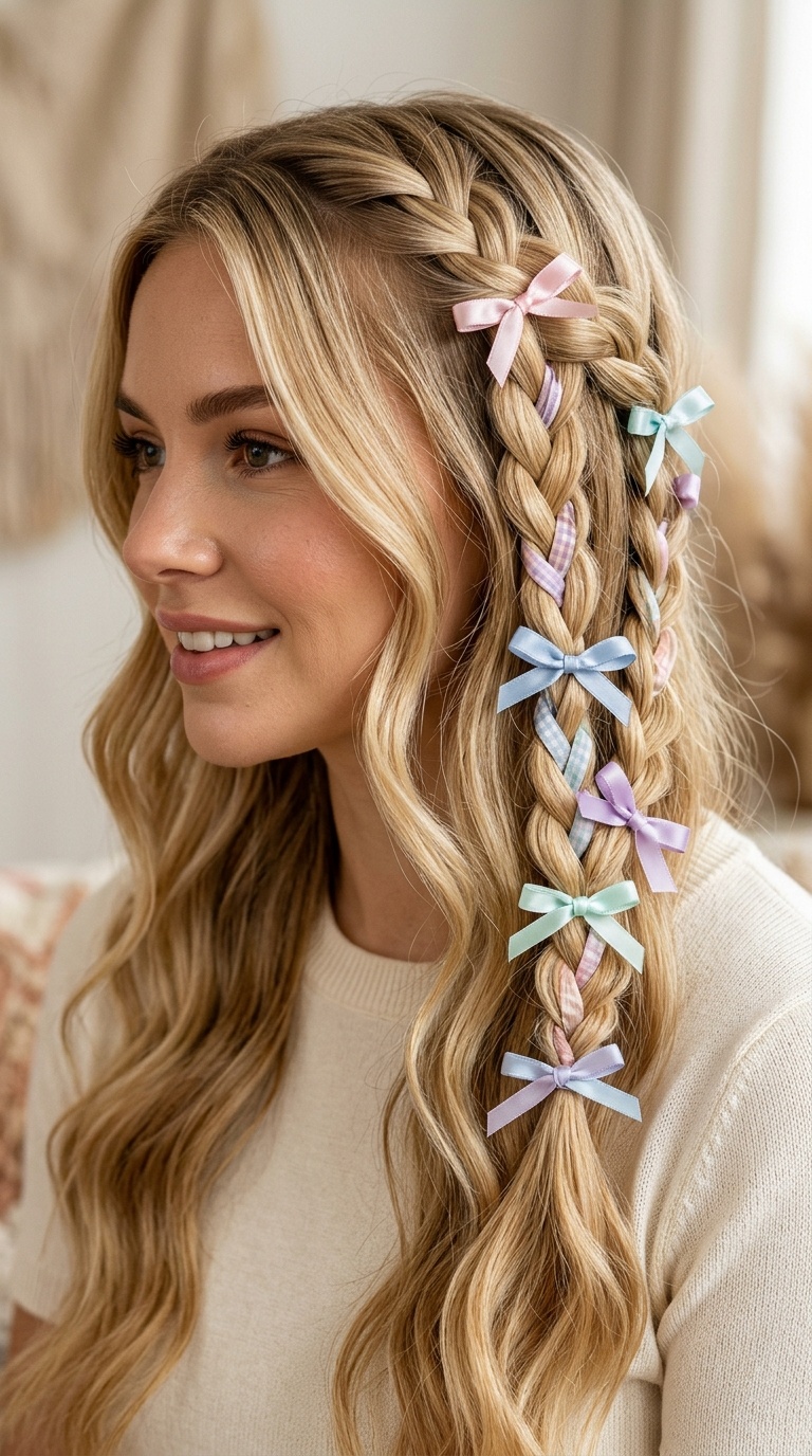 Waterfall Braid with Pastel Satin Accents