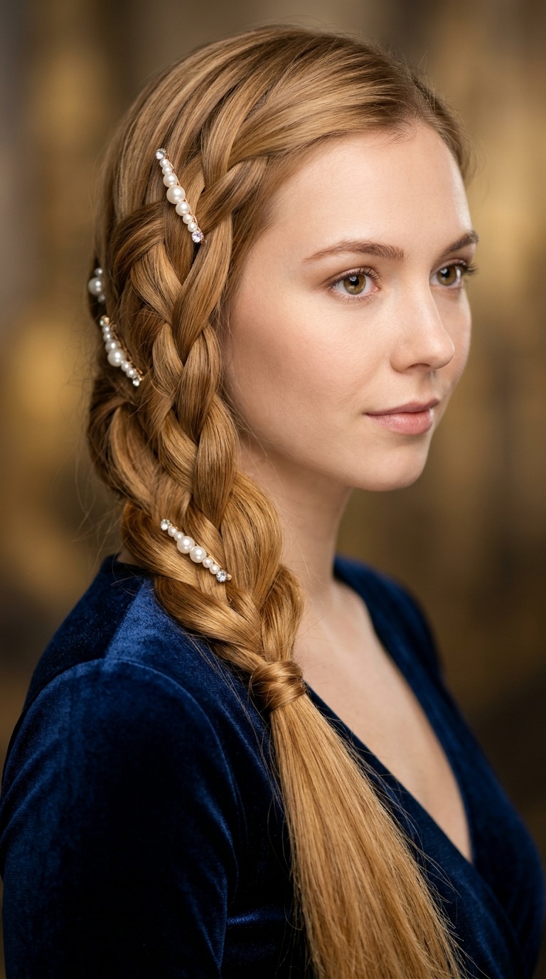 Waterfall Braid with Pearl Pins