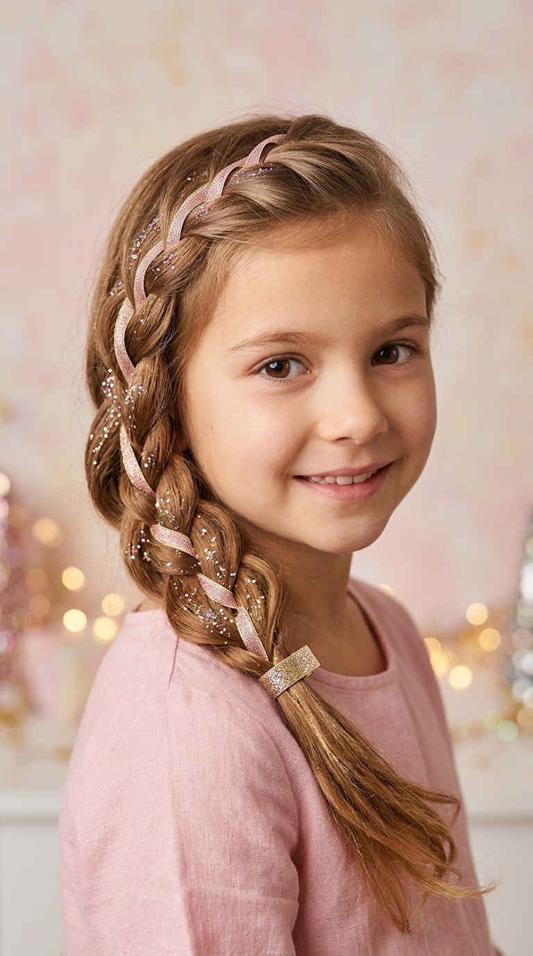 Waterfall Braid with Ribbon Weaving and Fine Glitter
