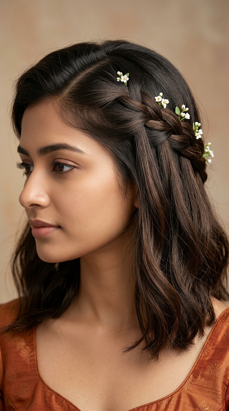 Waterfall Braid with Tiny Blossom Pins
