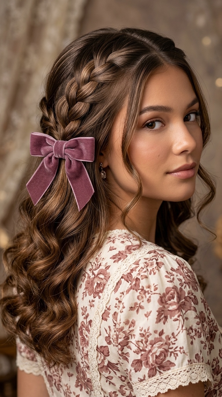Waterfall Braids with Curly Ends and a Bow