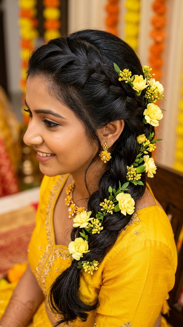 Waterfall Braids with Yellow Carnations