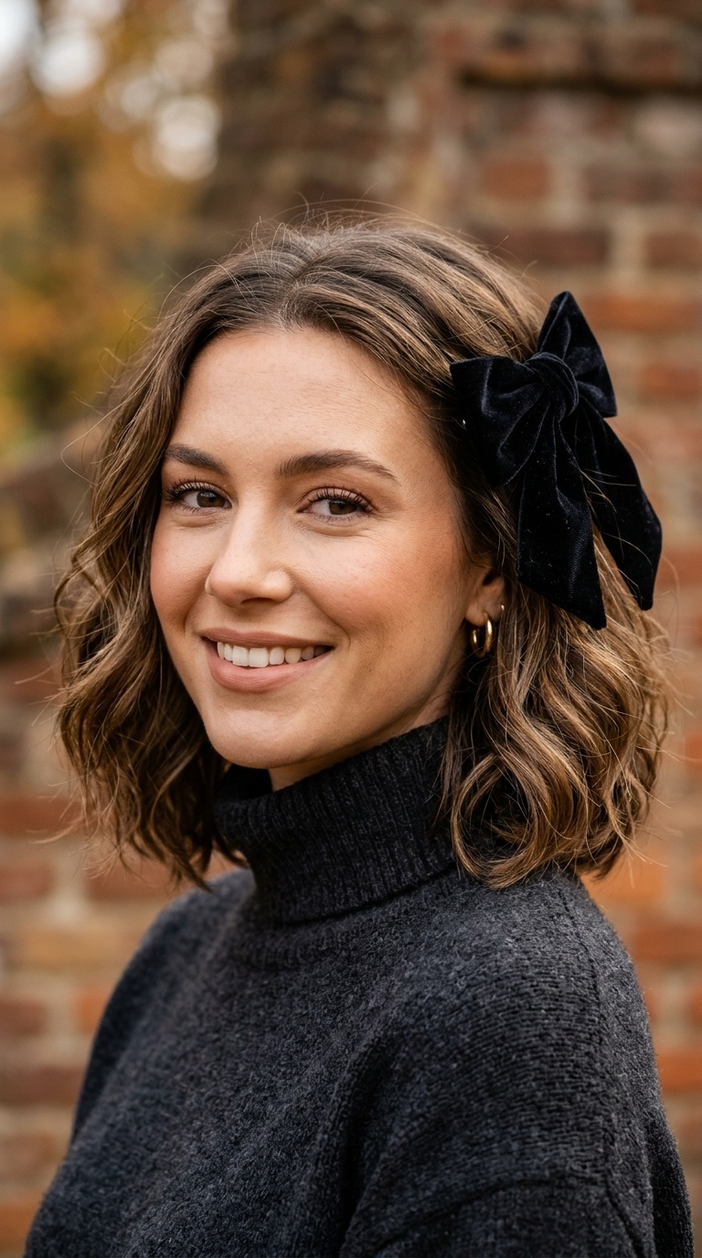 Wavy Lob with an Oversized Velvet Bow Clip