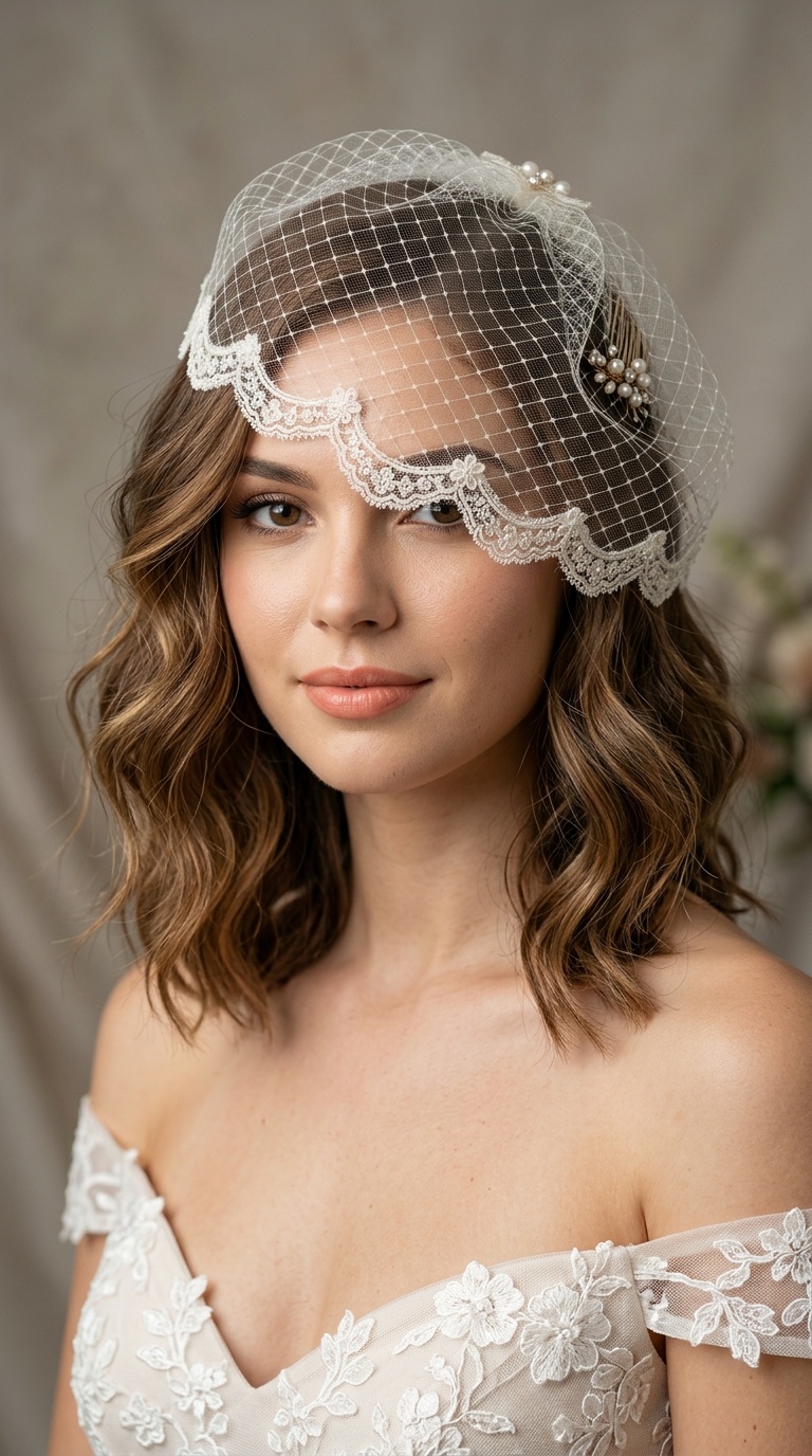Wavy Lob with Lace-Trimmed Birdcage