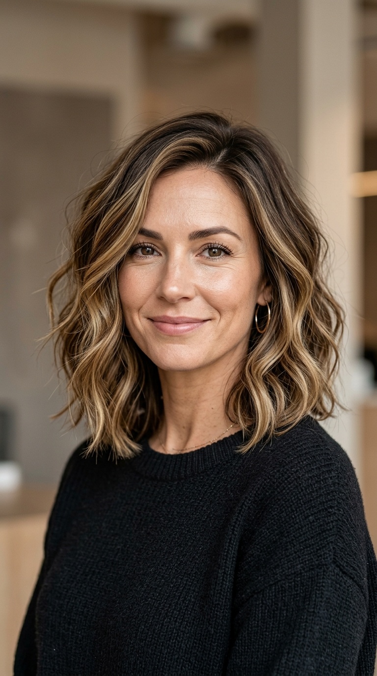 Wavy Lob with Sun-Kissed Highlights