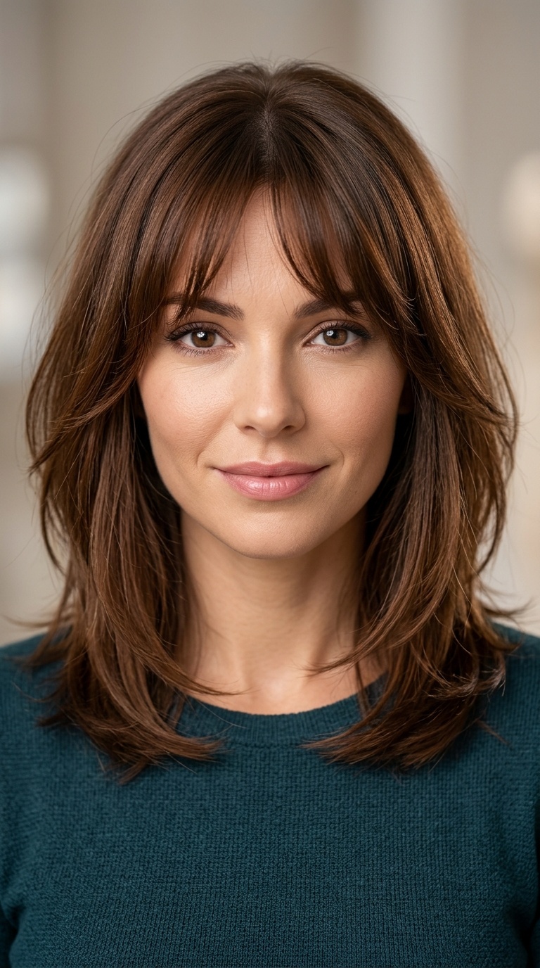 Wispy Curtain Bangs with a Layered Lob