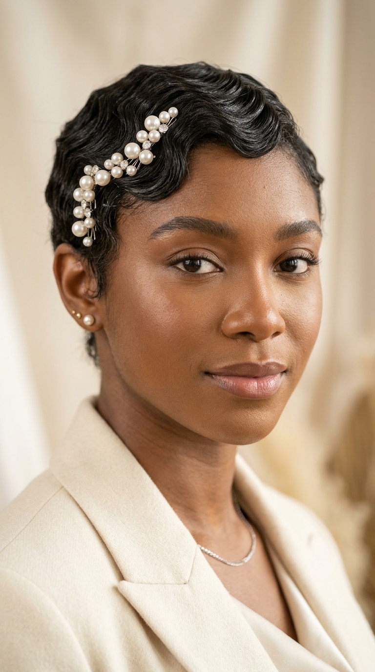 Wispy Finger Waves with Pearl Cluster Pins