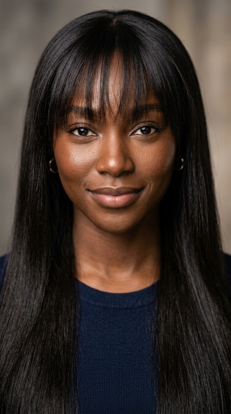 Wispy Full Bangs with Long Silk Press