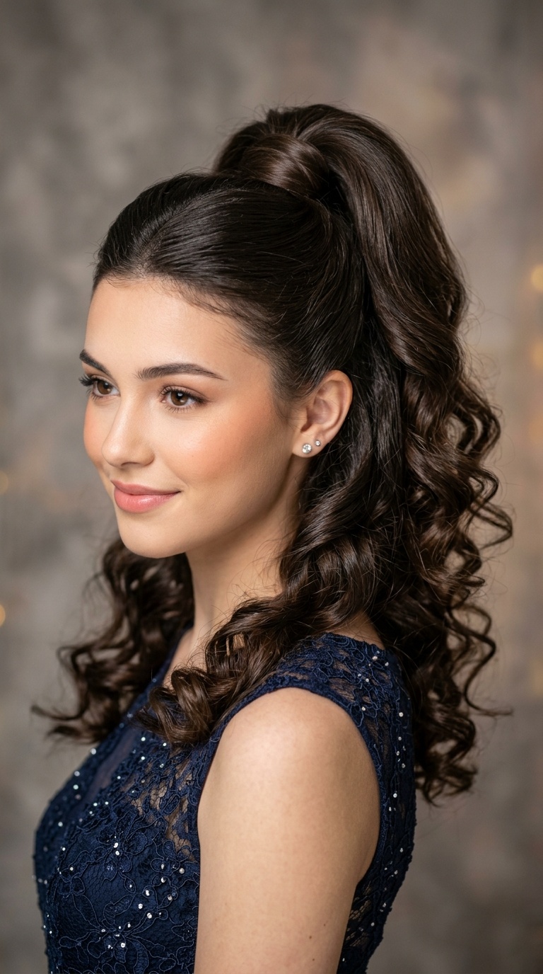 Wrapped Ponytail Base with Downward Curls