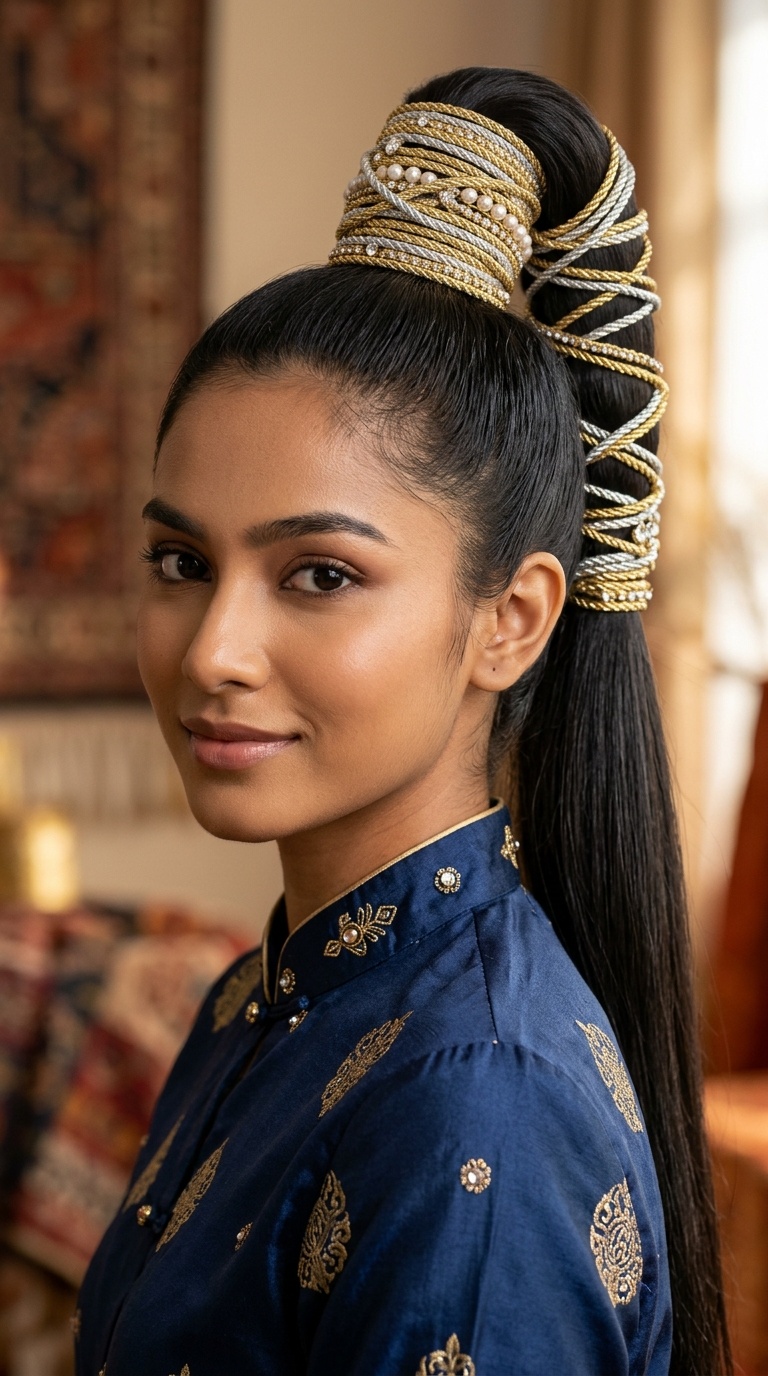 Wrapped Ponytail with Metallic Cords
