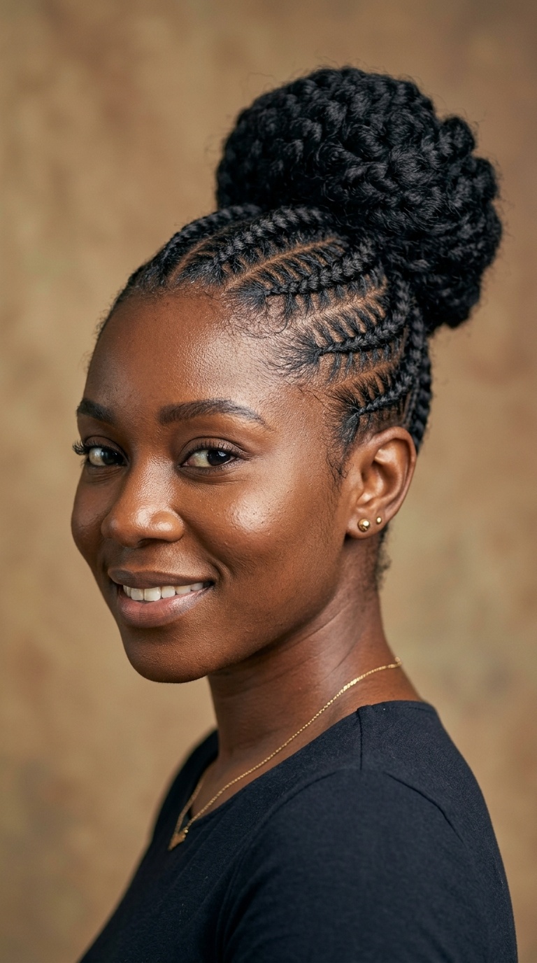 Zig-Zag Cornrows with a Voluminous Bun