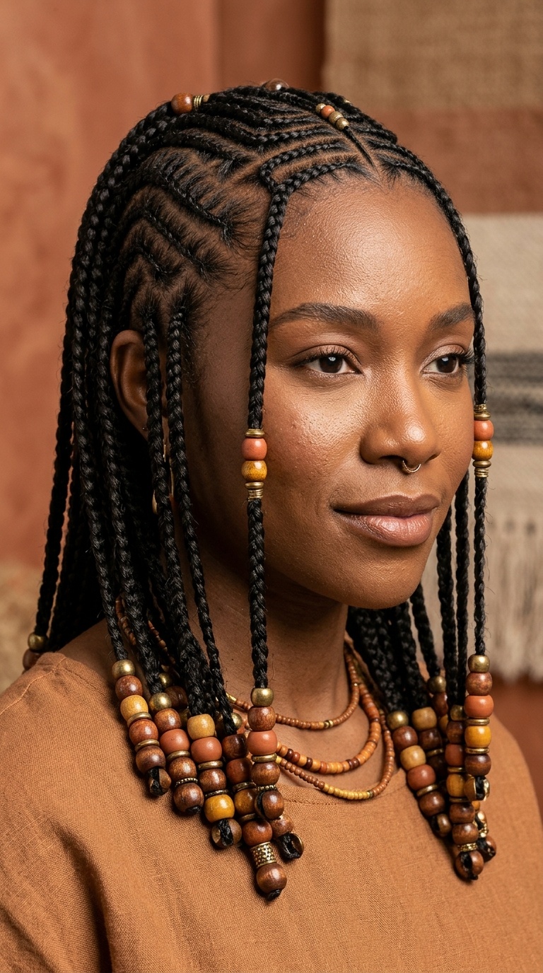 Zig-Zag Parted Braids with Earth-Tone Beads